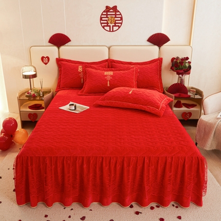 宜凡家纺 2023秋冬新品婴儿绒婚庆床裙三件套 龙凤之姿