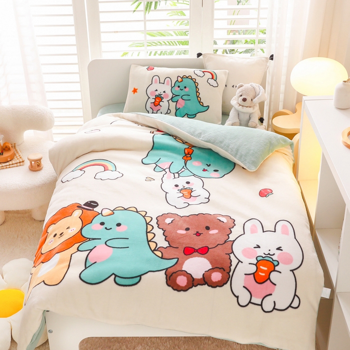 91家纺网 家纺一手货源 找家纺 鱼宝 2023新款大版牛奶绒婴童套件 动物之家