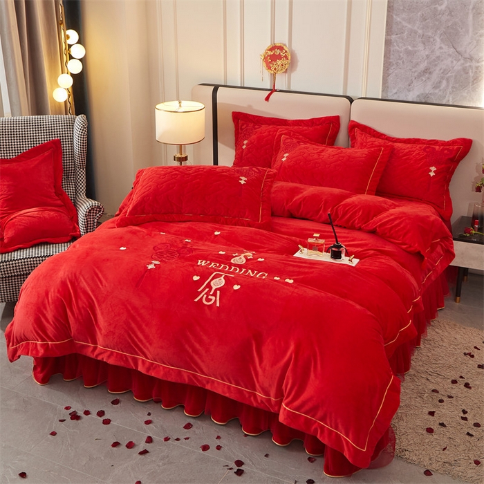 91家纺网 家纺一手货源 找家纺 宜凡家纺 2023秋冬新品婴儿绒婚庆床盖四件套 花嫁喜愿