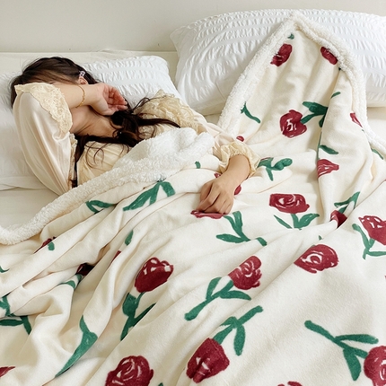 大元ins加厚复古花卉牛奶绒羊羔绒毛毯午睡毯沙发盖毯-室内图红玫瑰-红