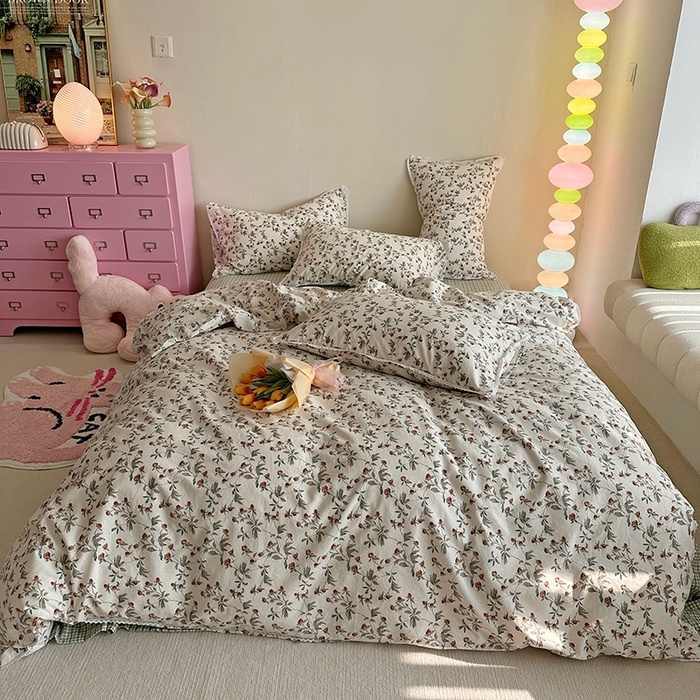 91家纺网 家纺一手货源 找家纺 千朵 2023新款全棉水洗带边四件套 栀香