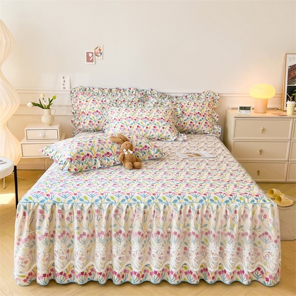 宜凡家纺 2023新款全棉印花单层床裙三件套 欣然花开