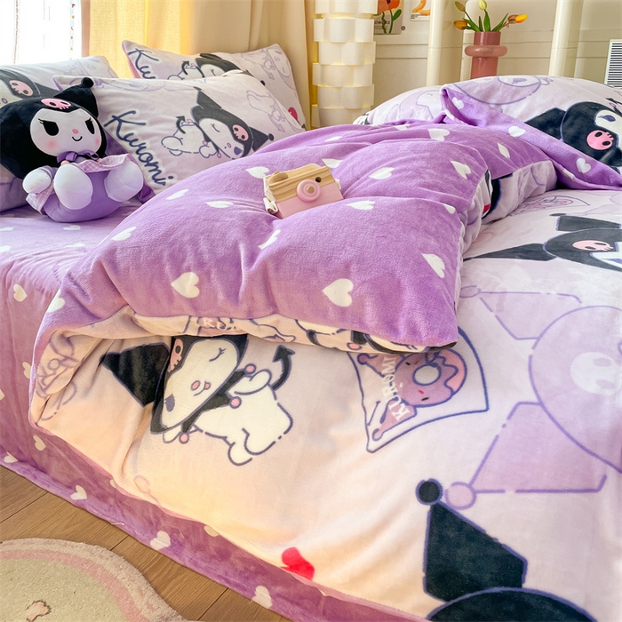 91家纺网 家纺一手货源 找家纺 博雅 2023新款三丽鸥正版授权卡通加厚牛奶绒系列四件套 开心库洛米