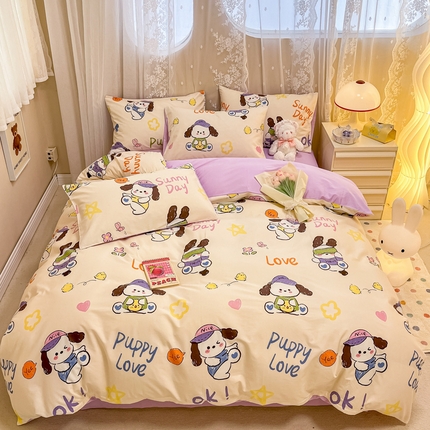 91家纺网 家纺一手货源 找家纺 小懒猪 2024春夏新款全棉卡通印花四件套 幸运小狗