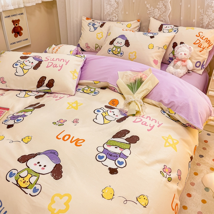 91家纺网 家纺一手货源 找家纺 小懒猪 2024春夏新款全棉卡通印花四件套 幸运小狗