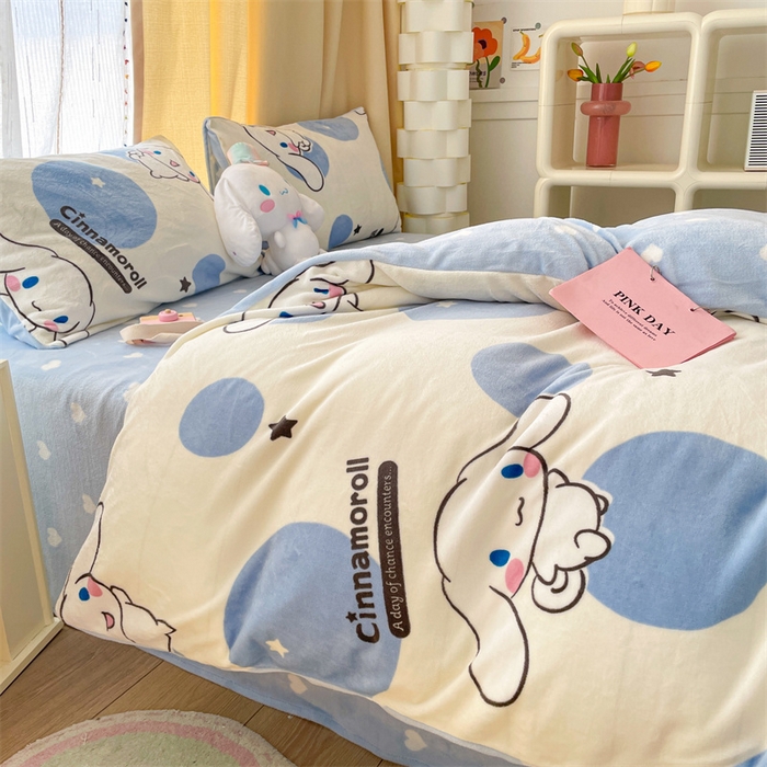 91家纺网 家纺一手货源 找家纺 博雅 2023新款三丽鸥正版授权卡通加厚牛奶绒系列四件套 波点玉桂狗