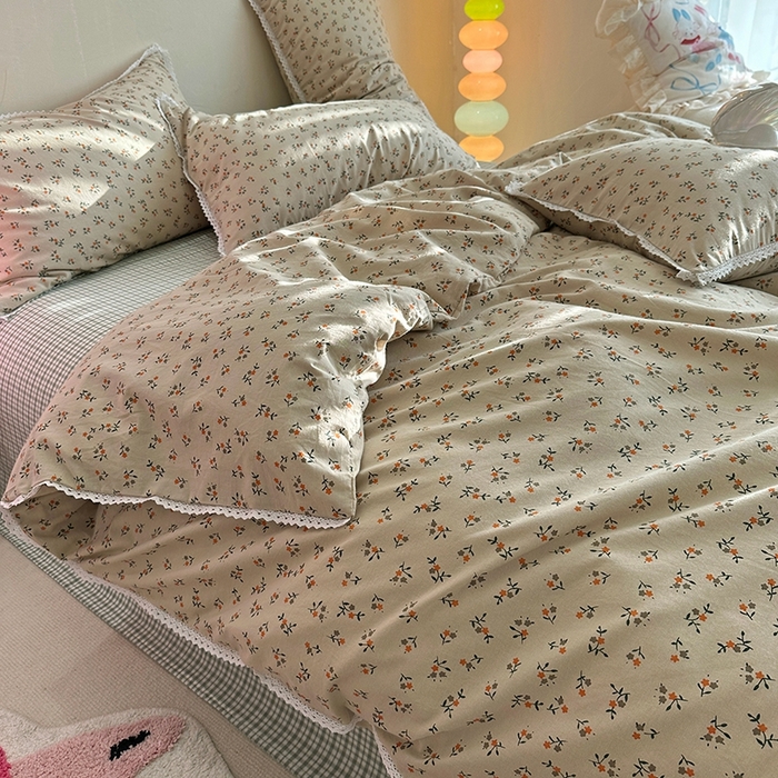 91家纺网 家纺一手货源 找家纺 千朵 2023新款全棉水洗带边四件套 小棕花