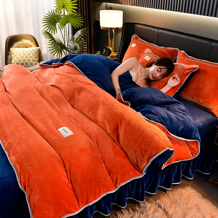 91家纺网 家纺一手货源 找家纺 畅畅家纺 2023新款纯色8.5斤9斤牛奶绒法莱绒宝宝金貂绒四件套 桔色+宝蓝