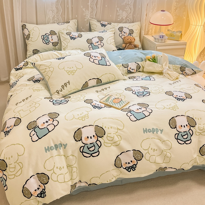 91家纺网 家纺一手货源 找家纺 小懒猪 2024春夏新款全棉卡通印花四件套 班尼狗