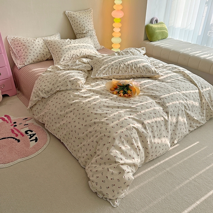 91家纺网 家纺一手货源 找家纺 千朵 2023新款全棉水洗带边四件套 小杨梅