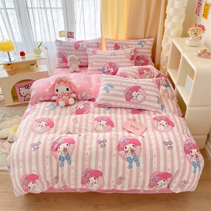 91家纺网 家纺一手货源 找家纺 博雅 2023新款三丽鸥正版授权卡通加厚牛奶绒系列四件套 甜甜美乐蒂