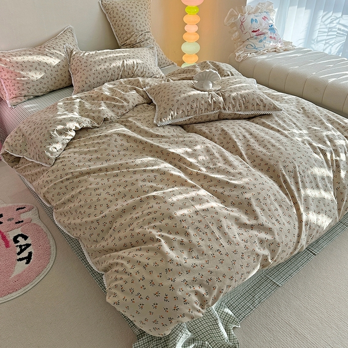 91家纺网 家纺一手货源 找家纺 千朵 2023新款全棉水洗带边四件套 小棕花