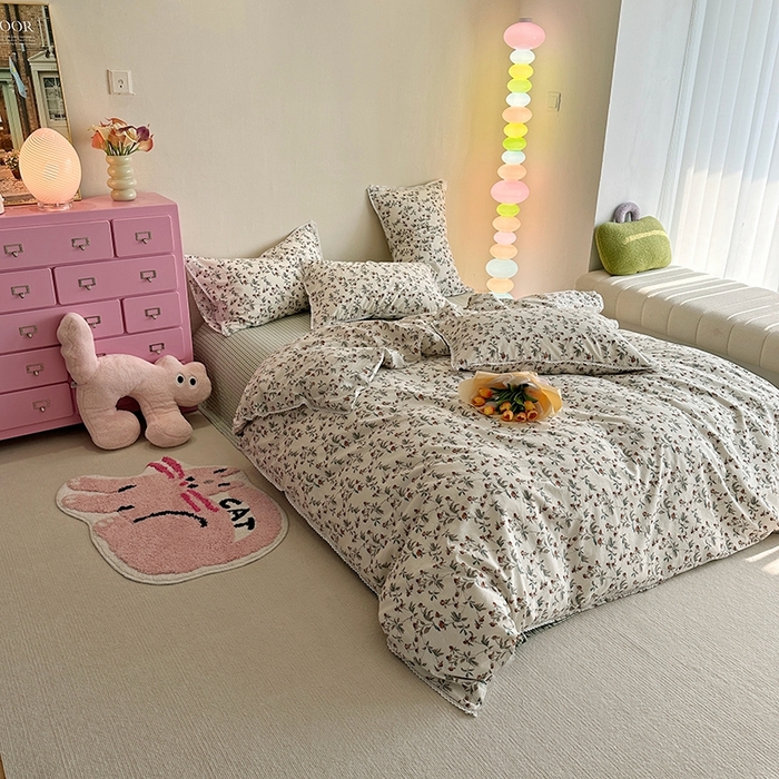 91家纺网 家纺一手货源 找家纺 千朵 2023新款全棉水洗带边四件套 栀香