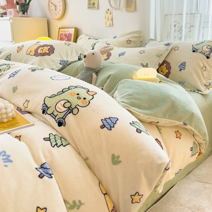全季家居2023新款小清新A类高克重加厚印花牛奶绒四件套 动物乐园