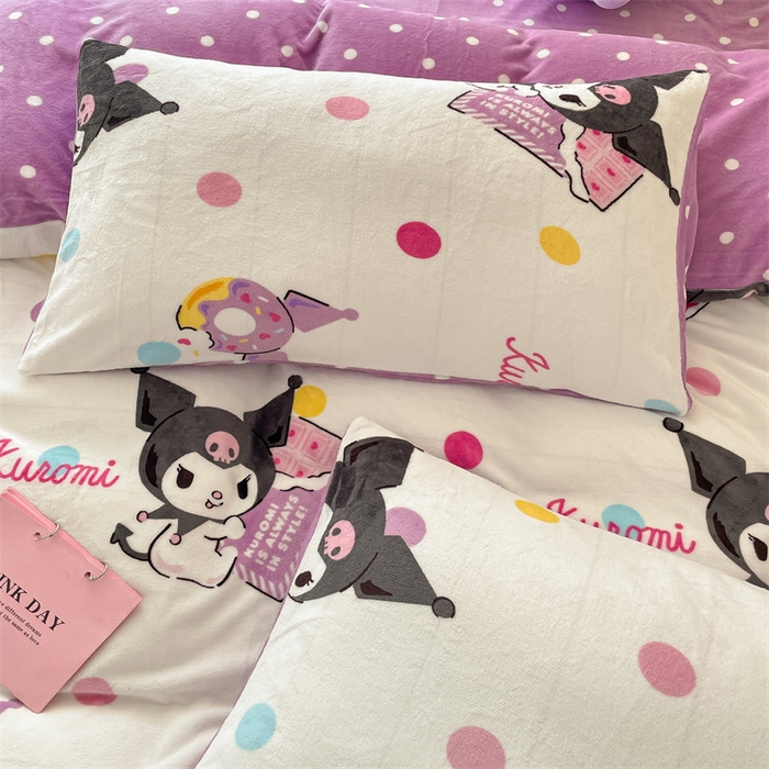 91家纺网 家纺一手货源 找家纺 博雅 2023新款三丽鸥正版授权卡通加厚牛奶绒系列四件套 甜圈库洛米