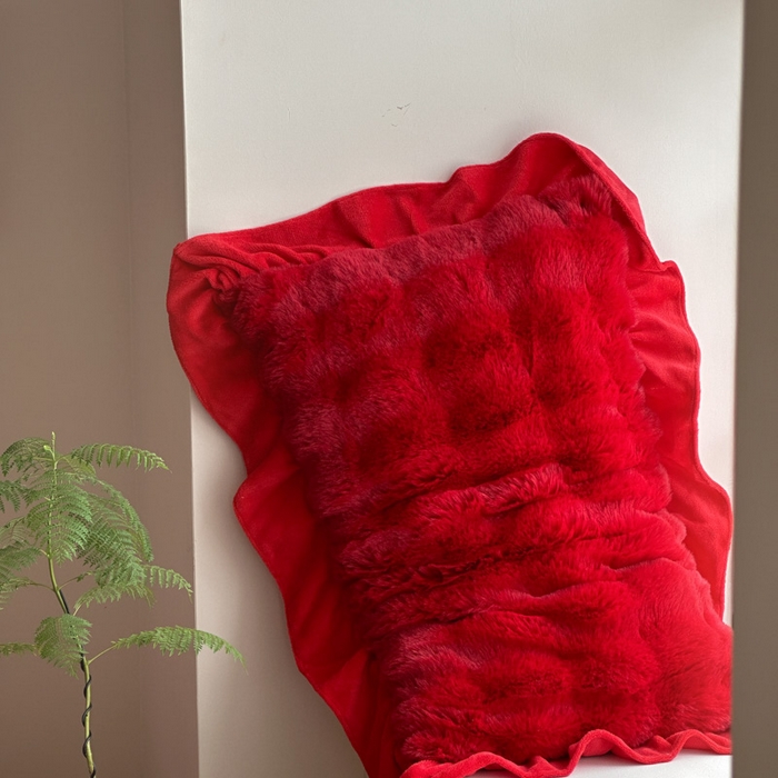 91家纺网 家纺一手货源 找家纺 淑女公社家纺 2024新款580克高克重仿皮草獭兔毛绒大泡泡四件套牛奶绒床裙款 兔兔绒 大红