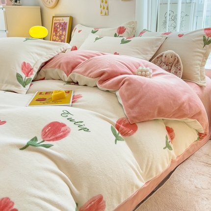 全季家居2023新款小清新A类高克重加厚印花牛奶绒四件套 郁金香