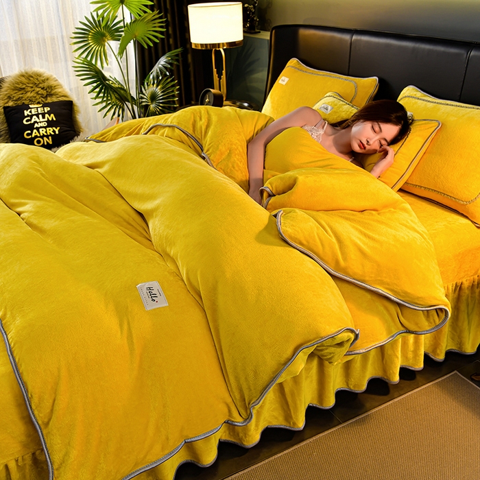 91家纺网 家纺一手货源 找家纺 畅畅家纺 2023新款纯色8.5斤9斤牛奶绒法莱绒宝宝金貂绒四件套 黄色