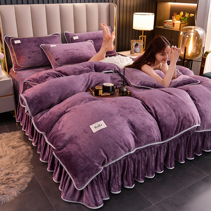 91家纺网 家纺一手货源 找家纺 畅畅家纺 2023新款纯色8.5斤9斤牛奶绒法莱绒宝宝金貂绒四件套 紫