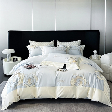 91家纺网 家纺一手货源 找家纺 凯磊家纺 新款高支.长绒棉刺绣四件套 芳华系列 芳华-蓝