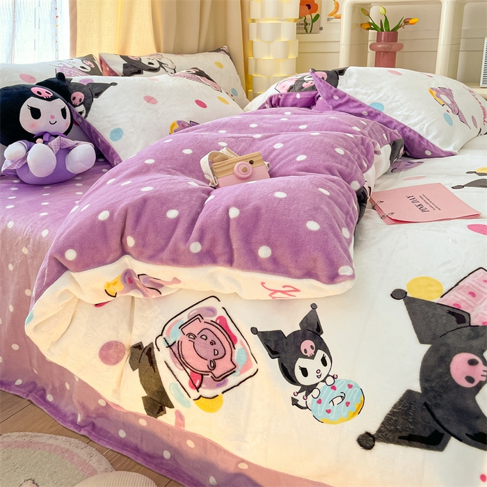 91家纺网 家纺一手货源 找家纺 博雅 2023新款三丽鸥正版授权卡通加厚牛奶绒系列四件套 甜圈库洛米