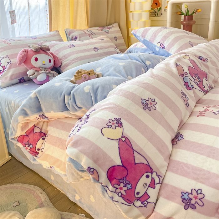 91家纺网 家纺一手货源 找家纺 博雅 2023新款三丽鸥正版授权卡通加厚牛奶绒系列四件套 气球美乐蒂