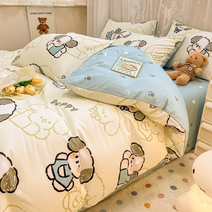 91家纺网 家纺一手货源 找家纺 小懒猪 2024春夏新款全棉卡通印花四件套 班尼狗