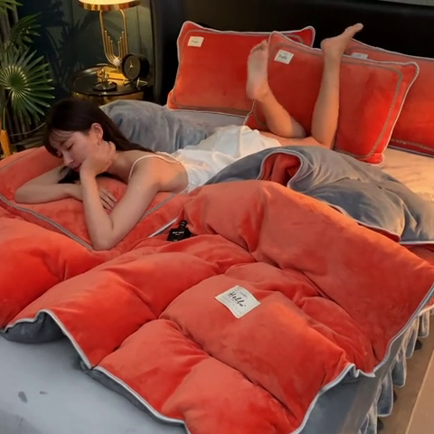 91家纺网 家纺一手货源 找家纺 畅畅家纺 2023新款纯色8.5斤9斤牛奶绒法莱绒宝宝金貂绒四件套 桔色+深灰