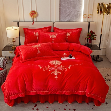 宜凡家纺 2023秋冬新品婴儿绒婚庆床盖四件套 国色天香