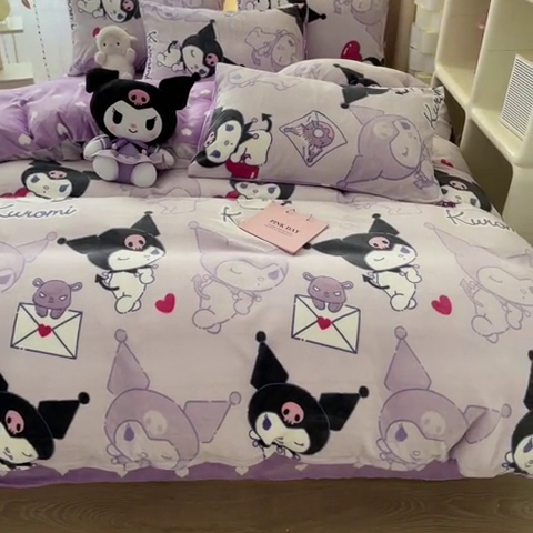 91家纺网 家纺一手货源 找家纺 博雅 2023新款三丽鸥正版授权卡通加厚牛奶绒系列四件套 开心库洛米