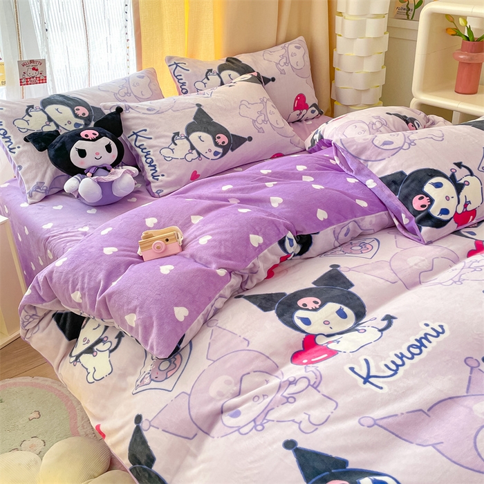 91家纺网 家纺一手货源 找家纺 博雅 2023新款三丽鸥正版授权卡通加厚牛奶绒系列四件套 开心库洛米