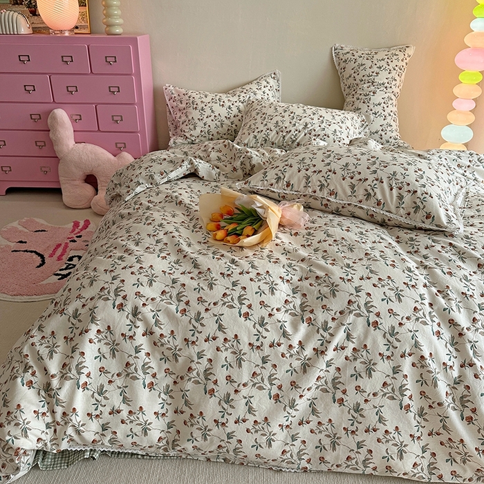 91家纺网 家纺一手货源 找家纺 千朵 2023新款全棉水洗带边四件套 栀香