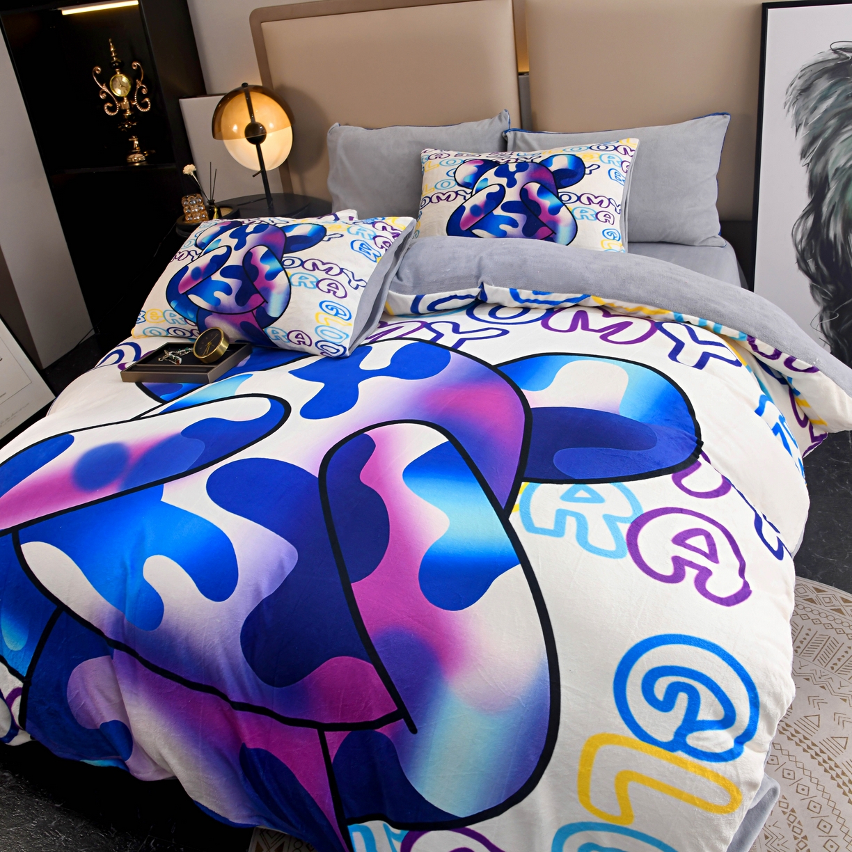 91家纺网 家纺一手货源 找家纺 爵仕家纺 2023新款暴力熊牛奶绒系列四件套 酷玩彩