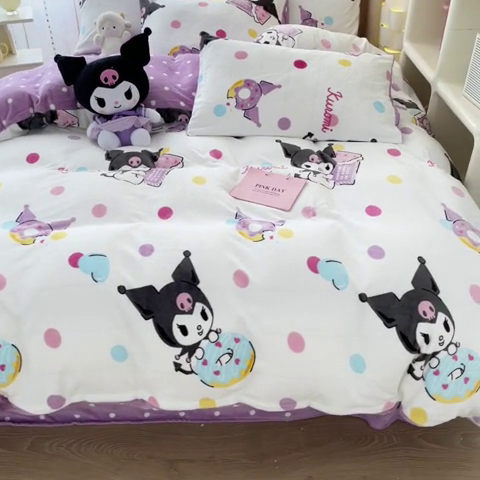 91家纺网 家纺一手货源 找家纺 博雅 2023新款三丽鸥正版授权卡通加厚牛奶绒系列四件套 甜圈库洛米