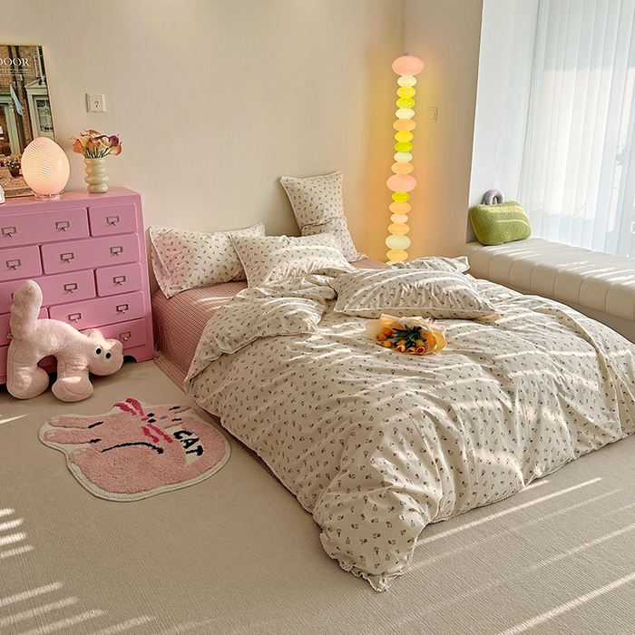 91家纺网 家纺一手货源 找家纺 千朵 2023新款全棉水洗带边四件套 小杨梅