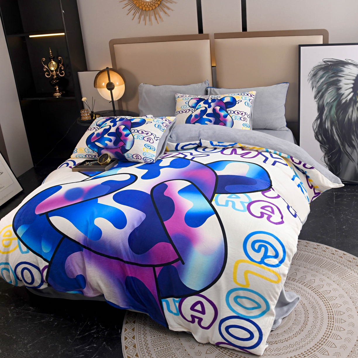 91家纺网 家纺一手货源 找家纺 爵仕家纺 2023新款暴力熊牛奶绒系列四件套 酷玩彩