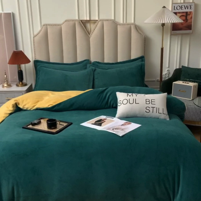 91家纺网 家纺一手货源 找家纺 甜之梦 2025牛奶绒纯色拼色单品四件套被套（可定制尺寸）墨绿＋嫩黄