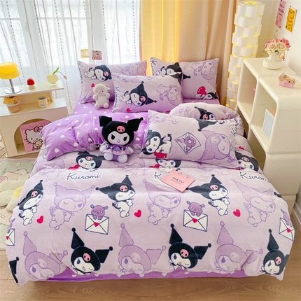 博雅 2023新款三丽鸥正版授权卡通加厚牛奶绒系列四件套 开心库洛米