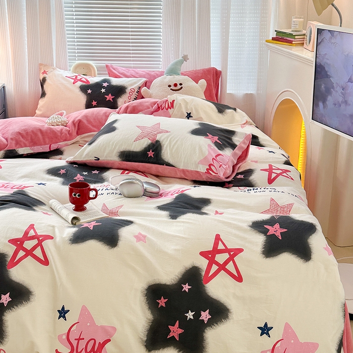 91家纺网 家纺一手货源 找家纺 昔可家纺 2023新款y2k卡通印花系列棉加绒四件套 y2k星星