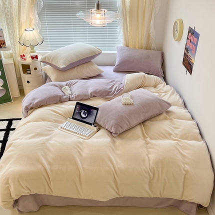 昔可家纺2023新款奶油纯色系列双拼牛奶绒四件套 奶缇米紫