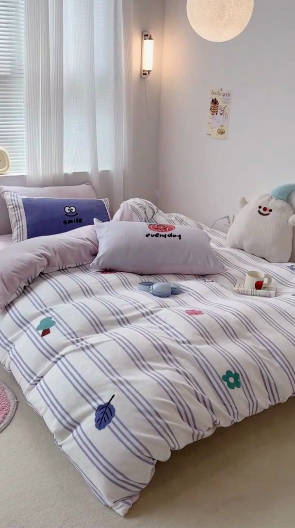 91家纺网 家纺一手货源 找家纺 昔可家纺 2023新款大版数码印花保暖牛奶绒四件套 紫竖条南瓜