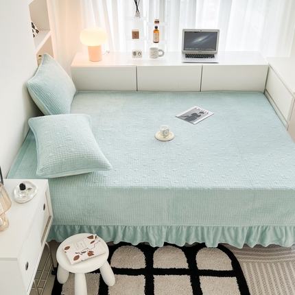 茉夕家纺 2023新款高温砂洗工艺款轻奢牛奶绒花边款水洗床盖 轻奢-水蓝色花边款