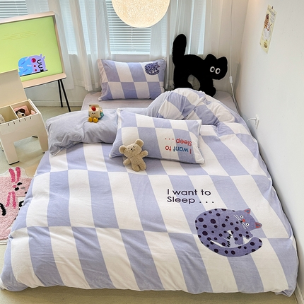 昔可家纺 2023新款大版数码印花保暖牛奶绒四件套 紫格斑点猫