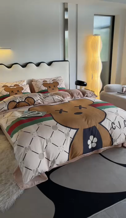 91家纺网 家纺一手货源 找家纺 摩卡 2024新款秋冬新品网红款婴儿绒毛四件套 奇奇熊