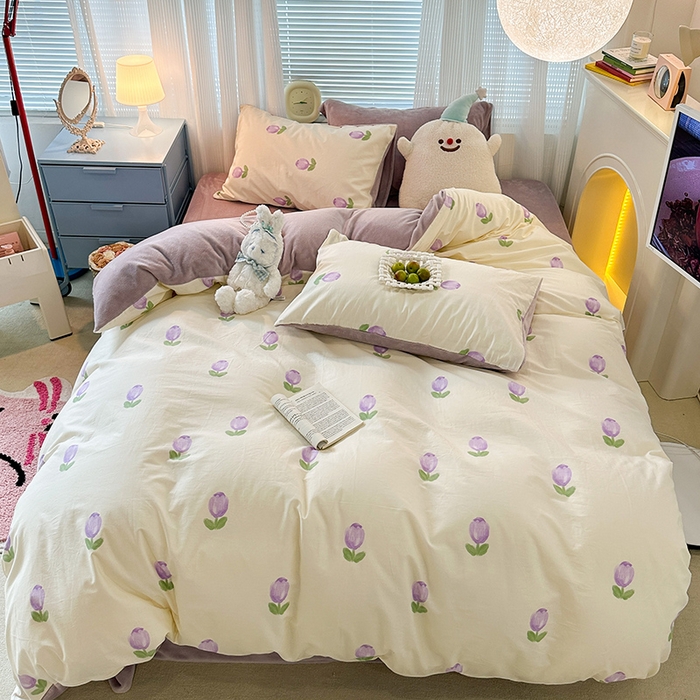 91家纺网 家纺一手货源 找家纺 昔可家纺 2023新款y2k卡通印花系列棉加绒四件套 紫色郁金香