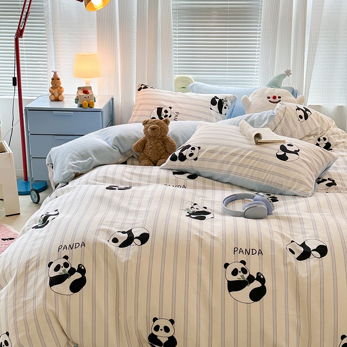 91家纺网 家纺一手货源 找家纺 昔可家纺 2023新款y2k卡通印花系列棉加绒四件套 呆萌熊猫