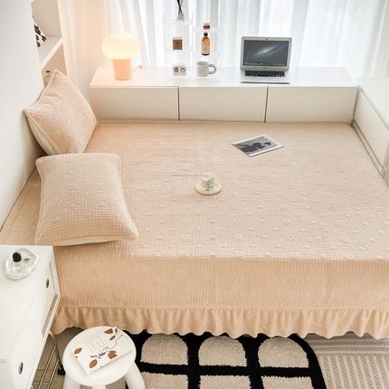 茉夕家纺 2023新款高温砂洗工艺款轻奢牛奶绒花边款水洗床盖 轻奢-浅驼色花边款