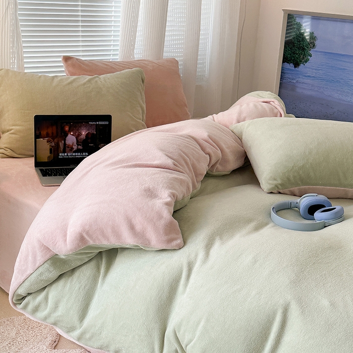 91家纺网 家纺一手货源 找家纺 昔可家纺2023新款奶油纯色系列双拼牛奶绒四件套 蜜瓜奶昔