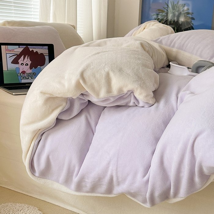 91家纺网 家纺一手货源 找家纺 昔可家纺2023新款奶油纯色系列双拼牛奶绒四件套 芋泥波波