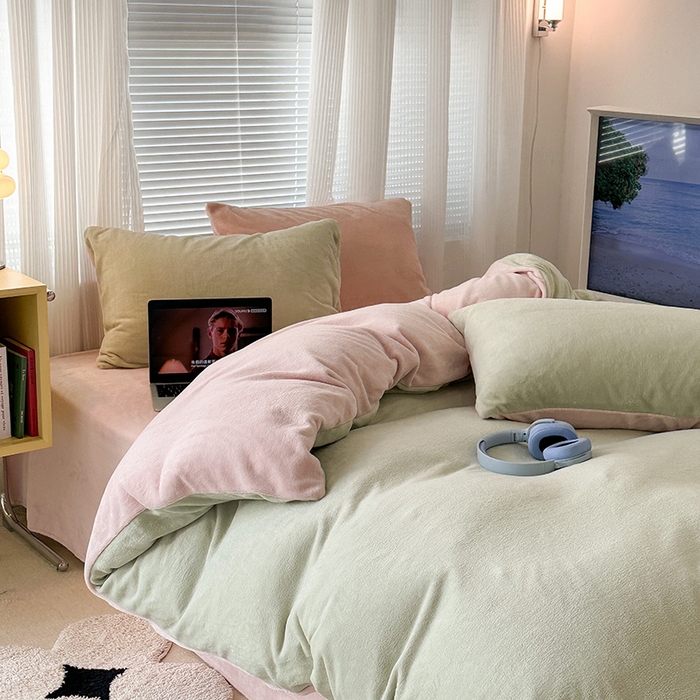 91家纺网 家纺一手货源 找家纺 昔可家纺2023新款奶油纯色系列双拼牛奶绒四件套 蜜瓜奶昔